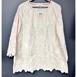Women's 0X Plus Size John Mark  embroidered velvet boho tunic top ivory